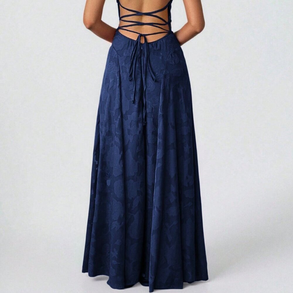Navy Blue Elegant Lace-Up Women's Lace Dress - Picture 2 of 7